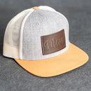 Leather Patch Flat Bill Trucker Hat - Mom Cursive Stamp