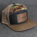 Leather Patch Flat Bill 7 Panel Trucker Hat - Fish Stamp