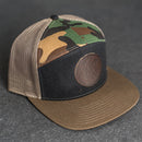 Leather Patch Flat Bill 7 Panel Trucker Hat - Circle Patch - Floral Stamp
