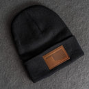 Black beanie brown leather patch 
