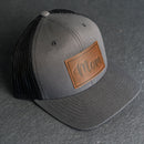 Leather Patch Trucker Style Hat - Mom Cursive Stamp