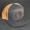 Leather Patch Flat Bill 7 Panel Trucker Hat - Circle Patch - Floral Stamp