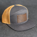 Leather Patch Flat Bill 7 Panel Trucker Hat - Floral Stamp