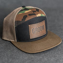 Leather Patch Flat Bill 7 Panel Trucker Hat - Bride or Groom (block) Stamp