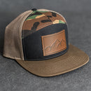 Leather Patch Flat Bill 7 Panel Trucker Hat - Mountains Stamp