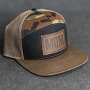 Leather Patch Flat Bill 7 Panel Trucker Hat - Mom Stamp - Block