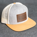 Leather Patch Flat Bill Trucker Hat - Mom Stamp - Block Font