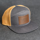 Leather Patch Flat Bill 7 Panel Trucker Hat - Bride or Groom (block) Stamp