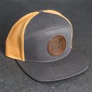 Leather Patch Flat Bill 7 Panel Trucker Hat - Ox & Pine Logo Stamp - Circle