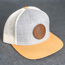 Your Logo on a Leather Patch Flat Bill Trucker Hat - Circle Patch