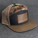 Your Logo on a Leather Patch Flat Bill 7 Panel Trucker Hat