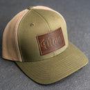 Leather Patch Trucker Style Hat - Mom Cursive Stamp